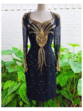 Vintage Black & Gold Heavily Beaded Cocktail Dress ✨ Art Deco Glam